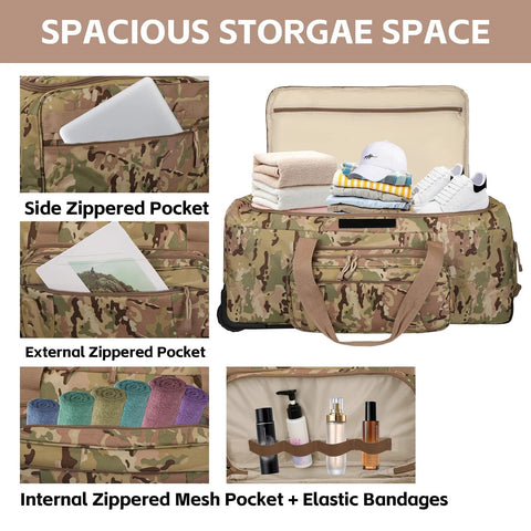 Amazon camouflage 120L 3-wheel rolling duffle bag with side and external zip pockets