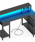 47 Inch L Shaped Gaming Desk With LED Lights And Power Outlets, Reversible Computer Desk With Shelves And Monitor Stand, Black.