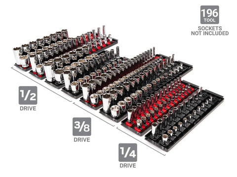 Pro Grade 1/4, 3/8, And 1/2 Inch Drive Socket Rail And Tray Set With Red And Black Rails, 196-Tool Organizer, USA Made, top view