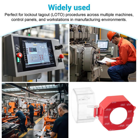Industrial control panels with Emergency Stop Button Lockout Cover Kit Four Pack for Industrial Control Panels and Machinery visible