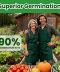 Two gardeners in green aprons stand in a vegetable garden with pumpkins and tomatoes, promoting Ultimate Heirloom Vegetable Seeds Pack With Over 39,000 Seeds Including Tomatoes, Zucchini, Fruits And Herbs Non GMO Garden Seeds For Outdoor Planting A Great Gift For Mom, Friends, Or Any Garden Lover.