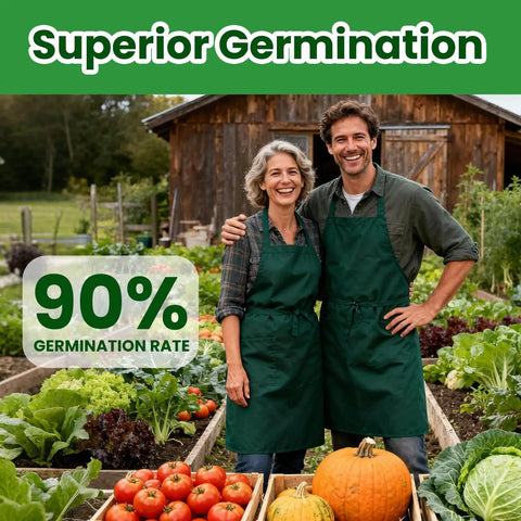 Two gardeners in green aprons stand in a vegetable garden with pumpkins and tomatoes, promoting Ultimate Heirloom Vegetable Seeds Pack With Over 39,000 Seeds Including Tomatoes, Zucchini, Fruits And Herbs Non GMO Garden Seeds For Outdoor Planting A Great Gift For Mom, Friends, Or Any Garden Lover.