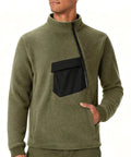 Cozy Mens Half Zip Fleece Pullover With Stand Collar, Long Sleeve Sweatshirt in Army Green, showing relaxed fit and durable material