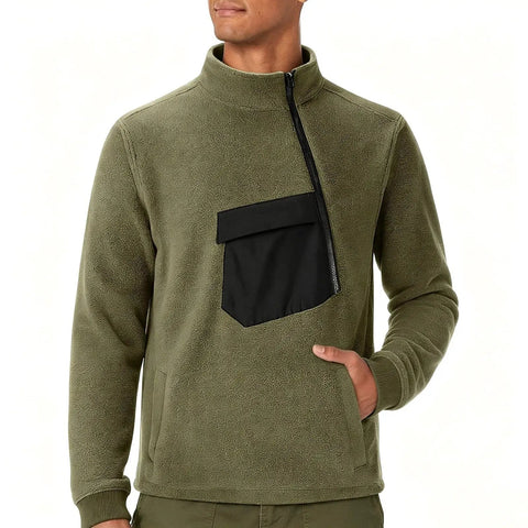 Cozy Mens Half Zip Fleece Pullover With Stand Collar, Long Sleeve Sweatshirt in Army Green, showing relaxed fit and durable material