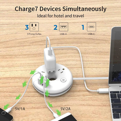 Must Have Travel Power Strip With Three Outlets And Three USB Ports Including One USB C Cruise Approved Short Three Foot Extension Cord charging devices