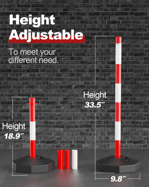 Height adjustable 4 Pack Traffic Delineator Posts And Cones With Fillable Bases Beefy Heavy Duty Expandable Safety Barrier Kit With 8 Foot Plastic Chain For Parking Lots Red And White In Stock, two posts shown at different heights.