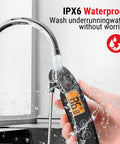 Instant Read Meat Thermometer With 1-Second Accuracy being washed under a faucet, showcasing its IPX6 waterproof feature.