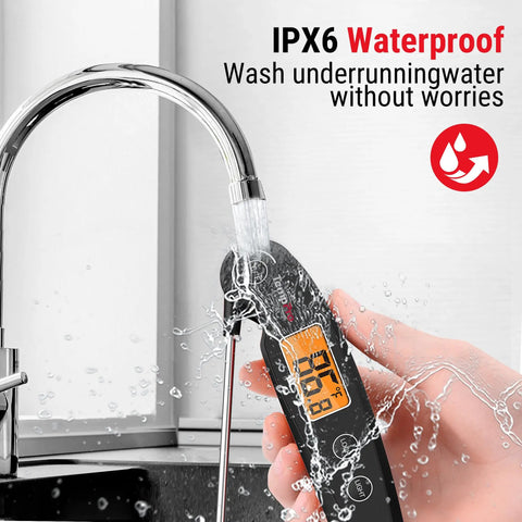 Instant Read Meat Thermometer With 1-Second Accuracy being washed under a faucet, showcasing its IPX6 waterproof feature.