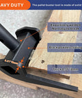 Heavy Duty Pallet Buster Tool With Pry Bar For Fast Pallet Removal And Deck Board Tear Down, Industrial Wood Breaker Spans Up To 3.26 Inches, NoHandle Wrecking Pry Bar Built Tough For Pros. Black steel pallet buster on wood board, 8mm thick