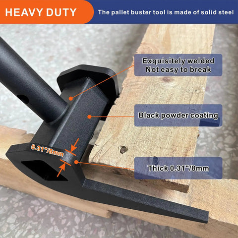 Heavy Duty Pallet Buster Tool With Pry Bar For Fast Pallet Removal And Deck Board Tear Down, Industrial Wood Breaker Spans Up To 3.26 Inches, NoHandle Wrecking Pry Bar Built Tough For Pros. Black steel pallet buster on wood board, 8mm thick