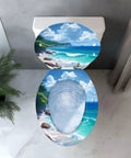 Elongated Toilet Seat Cover Quiet Close Easy Clean for Home with beach design from above on a toilet.
