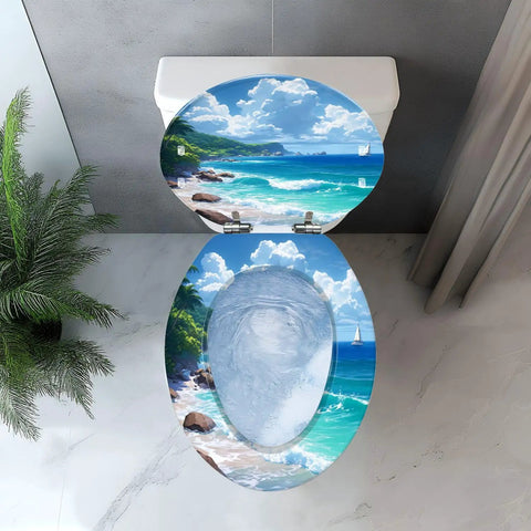 Elongated Toilet Seat Cover Quiet Close Easy Clean for Home with beach design from above on a toilet.
