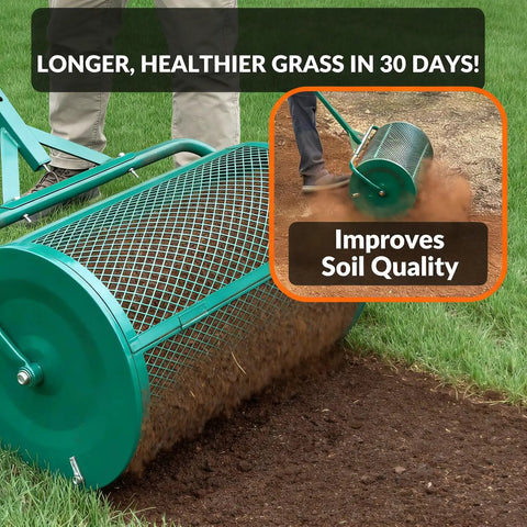 24 Inch Rugged Compost Spreader Roller For Lawn Care With Adjustable T Handle And Steel Mesh Roller Top Dressing Tool in use