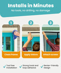 Installation steps for Magnetic Screen Door For Patio Fits 38 By 82 Inches; clean frame, apply Velcro, attach screen.