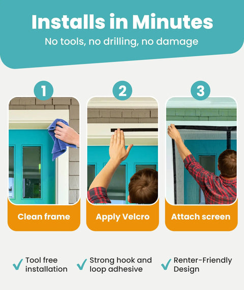 Installation steps for Magnetic Screen Door For Patio Fits 38 By 82 Inches; clean frame, apply Velcro, attach screen.