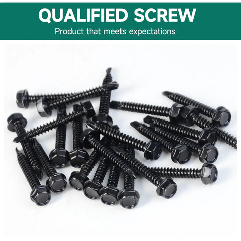 Top Shelf 50 Pack No 12 X 1 1/2 Inch Self Drilling Hex Head Screws Black 410 Stainless Steel hardware for sheet metal and wood.