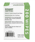 Front view of Amazon SOLWST Optix Screen & Lens Wipes box, 200 wipes, 5x6 in, white with green stripe