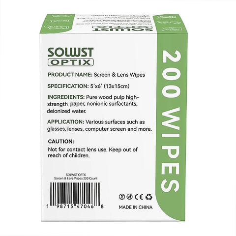 Front view of Amazon SOLWST Optix Screen & Lens Wipes box, 200 wipes, 5x6 in, white with green stripe
