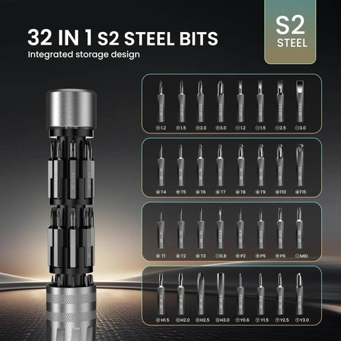 Top Shelf 32 Piece Precision Screwdriver Set With S2 Steel Bits displaying various precision bits for electronics repairs.