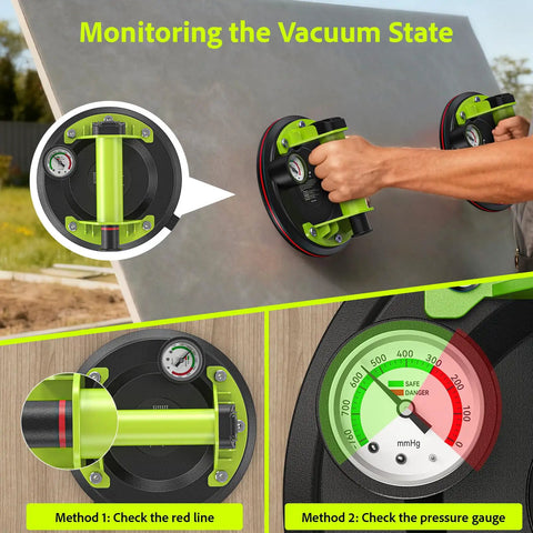 Heavy Duty Glass Suction Cup Lifter With 8 Inch Cup Built In Pressure Gauge 450 Lbs Max Load Vacuum Lifter showing pressure gauge use