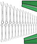 Pro Grade 32-Piece Combination Wrench Set SAE And Metric One Quarter Inch To One Inch And Seven Millimeter To Twenty-Two Millimeter 12-Point Chrome Vanadium Steel displayed with rolling pouch.