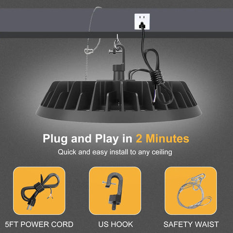 UFO LED High Bay Light 150W Industrial Shop Lighting With 24,000 Lumens, 160 LM Per W, 120 Degree Beam, plug and play setup
