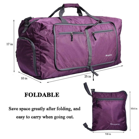 Heavy Duty Foldable Travel Duffel Bag 60L Waterproof Water Resistant Large Capacity for beach trips, gym, and sports, shown folded and unfolded.
