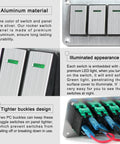 Close-up of Eight Gang Aluminum Rocker Switch Panel with LED, waterproof design for 12V and 24V Marine Boat Automotive Car RV use.