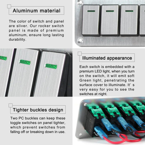 Close-up of Eight Gang Aluminum Rocker Switch Panel with LED, waterproof design for 12V and 24V Marine Boat Automotive Car RV use.