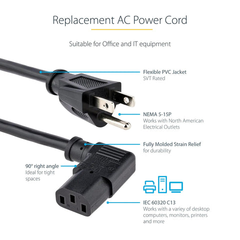 3ft Right Angle Power Cord NEMA 5-15P to IEC 60320 C13 18AWG 10A 125V UL Listed Replacement Cable with flexible PVC jacket