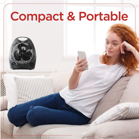 Compact Personal Desk Space Heater For Office And Home with fan and thermostat next to person relaxing on couch