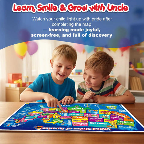 Two kids playing with Map Puzzle For Kids Ages 4 To 8 With 50 State Shaped Pieces 103 Piece USA Map Floor Puzzle Large 18x24 Learning Toy