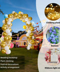Sturdy Metal Garden Arch Trellis For Climbing Plants Dual Shape Design 55.1 By 94.5 Inches Or 91.2 By 76.8 Inches Easy Assembly Outdoor Arbor For Open Garden Entrances And Wedding Party Decor, decorated with balloons and lights at night.