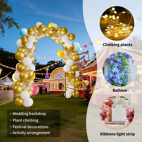 Sturdy Metal Garden Arch Trellis For Climbing Plants Dual Shape Design 55.1 By 94.5 Inches Or 91.2 By 76.8 Inches Easy Assembly Outdoor Arbor For Open Garden Entrances And Wedding Party Decor, decorated with balloons and lights at night.