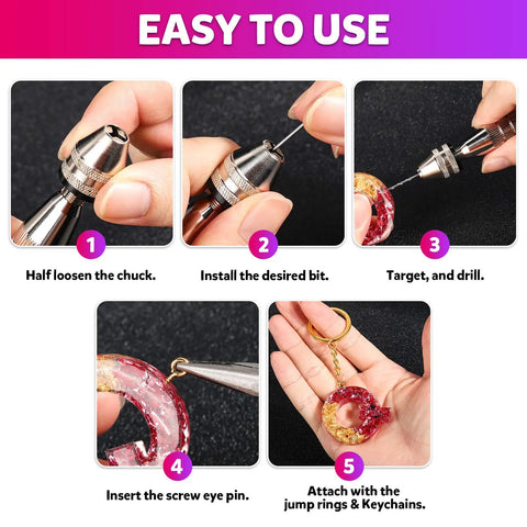 Step-by-step usage of Must Have All In One Hand Drill Kit For Jewelry And Keychain Making With Pin Vise 222 Piece Set Includes Drill Bits 0.8 To 3 Millimeter Pliers Jump Rings Chains Screw Eye Pins And Key Rings LEOBRO