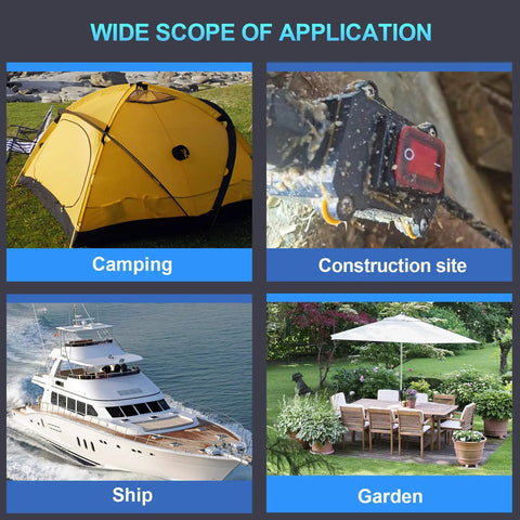 Wide scope of application showing camping, construction site, ship, and garden settings for a waterproof inline toggle switch.