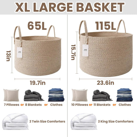 Extra Large Cotton Rope Blanket Basket With Deep Stitched Walls Big Ass 65L Capacity Machine Washable Throw Holder For Couch TV Stand Cozy Corner Fixer Roommate Favorite Stash Spot No Sweat Cleanup Top Tier Game Changer