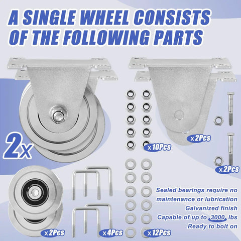 Two Pack Of Four Inch V Groove Gate Rollers Offer Rock Solid 3000 Lb Load Rating With Galvanized Steel Mount Brackets And Dual Bearings For Smooth Sliding Fence Gates Enabling Quick Setup With Zero Welding Or Unwanted Hustle showing parts including sealed bearings.