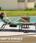 Woman relaxing on 4 Fold Padded Portable Outdoor Chaise Lounge Chair With Pillow And Side Pocket for patio sunbathing