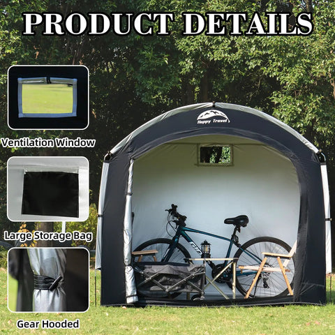 Outdoor Bike Storage Tent Shed with window showing bike inside, ventilation window, and gear hooded storage bag.