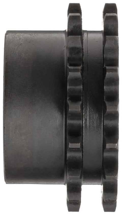 Side view of Double Strand Type B Hub Roller Chain Sprocket For 35 Chain, Three Eighth Inch Pitch, Hardened Teeth, Reboreable, 18 Teeth.