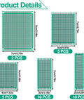 Image showing 32 Pieces PCB Board Set With Five Sizes Double Sided Prototyping Boards For DIY Electronics Projects Point One Inch Spacing With Corner Mount Holes Soldering Ready, detailed with dimensions and quantities for each board size.