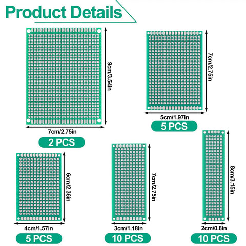 Image showing 32 Pieces PCB Board Set With Five Sizes Double Sided Prototyping Boards For DIY Electronics Projects Point One Inch Spacing With Corner Mount Holes Soldering Ready, detailed with dimensions and quantities for each board size.