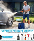 Man using No Sweat Battery Powered Cordless Car Washer With Badass Handheld Pressure Cleaner and Rich Foam Pot.