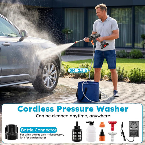 Man using No Sweat Battery Powered Cordless Car Washer With Badass Handheld Pressure Cleaner and Rich Foam Pot.