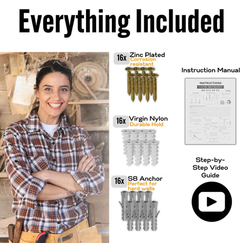 Heavy Duty Floating Shelf Brackets 6 Inch Mantel Mounts Built To Last That Hold Up To 125 Lbs For Drywall Brick Or Concrete Universal Wall Mounts For Home And Office Decor Four Pack package contents with instructions and anchors