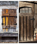 Wooden barn doors with T-strap hinges, showcasing black durable steel construction for outdoor use, screws included.