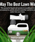 Thatch Buster Liquid Lawn Aerator and Dethatcher With Hose End Sprayer 32 Oz bottle on lawn with text May The Best Lawn Win