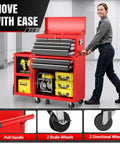 8 Drawer Rolling Tool Chest Built Like A Tank Heavy Duty Metal Tool Cabinet On Wheels With Locking Sliding Drawers Detachable Top Box And Side Hooks For Garage Workshop Repair Room Warehouse Red, woman moving it