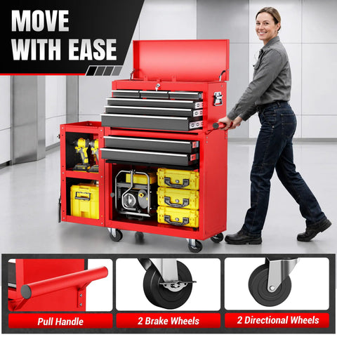 8 Drawer Rolling Tool Chest Built Like A Tank Heavy Duty Metal Tool Cabinet On Wheels With Locking Sliding Drawers Detachable Top Box And Side Hooks For Garage Workshop Repair Room Warehouse Red, woman moving it